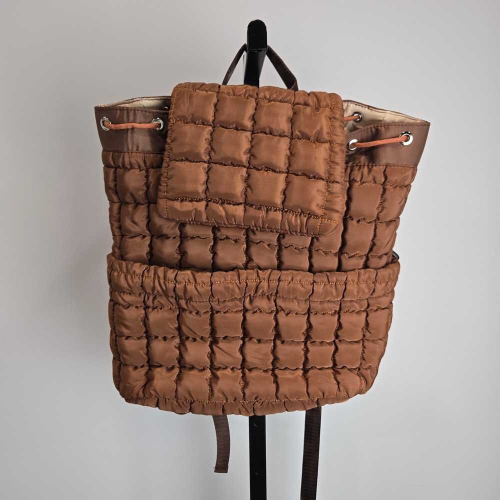 Unbranded Quilted Puffer Backpack Brown‎ Square Grid Drawstring Flap Bag Travel